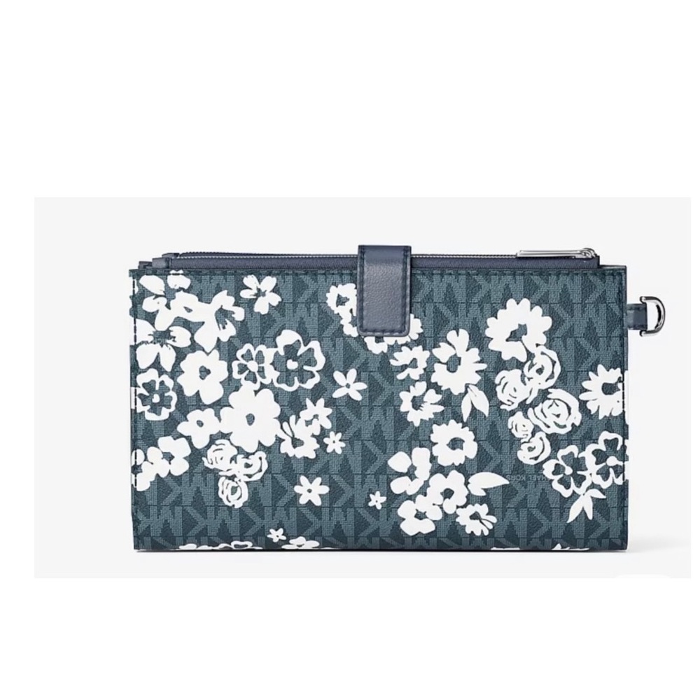 MICHAEL KORS JST Lg Double Zip Printed Sign Logo Wristlet Wallet Navy - Picture 3 of 6